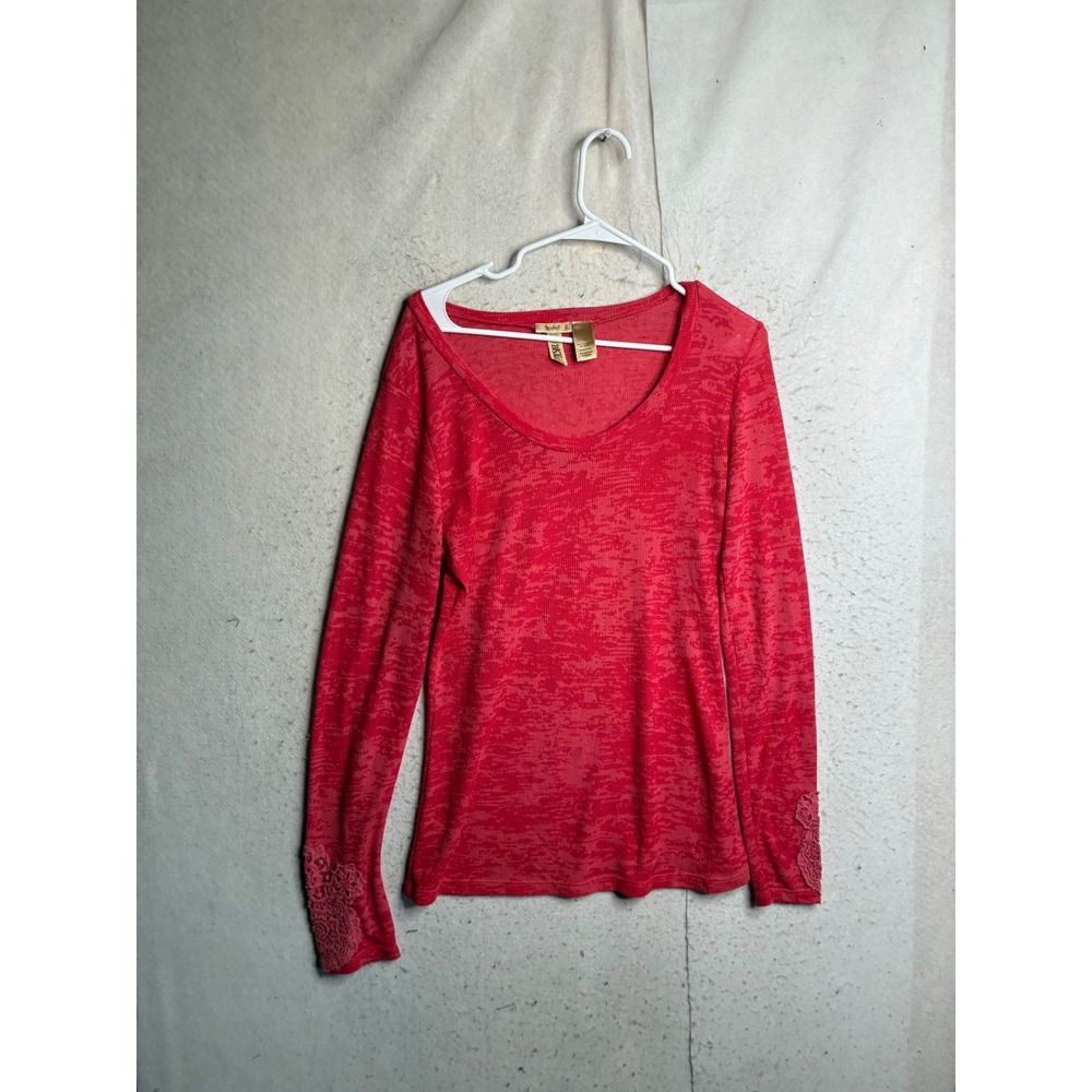 BKE Eased Red Burnout Ribbed Long Sleeve Crochet Lace Cuff Top Large
